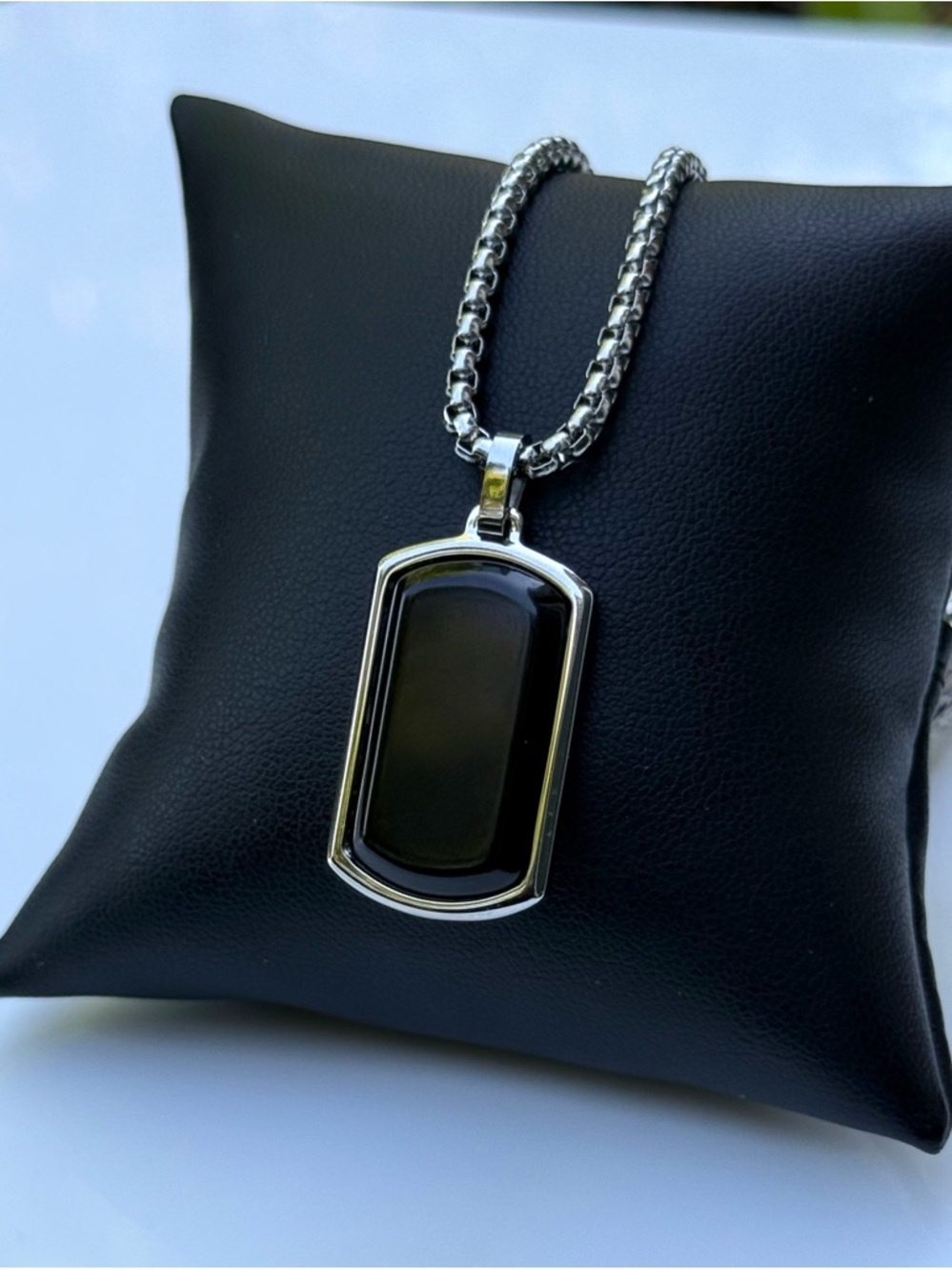 Premium Stainless Steel Black Onyx Dog Tag Pendant Necklace for Men